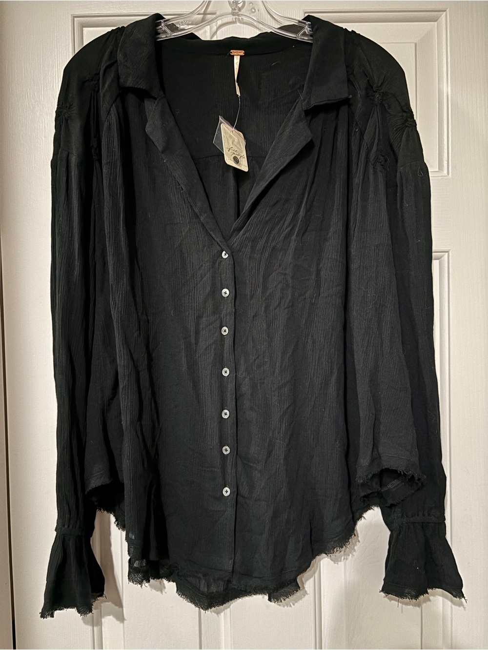 Free People NWT Black Frayed Hem Button Blouse - Size XS